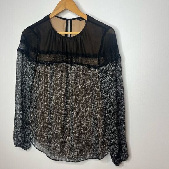 White House Black Market Women’s 0 Blouse Black White Long Sleeve Keyhole Back - Picture 3 of 11